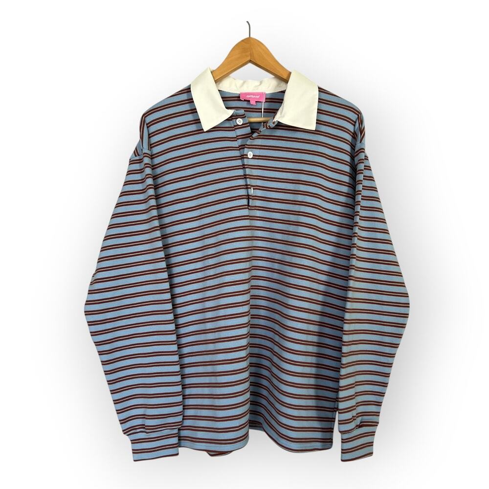 Edikted Stripey Oversized Collared Shirt Rugby Polo Top Long Sleeve Blue Brown M - Picture 2 of 8